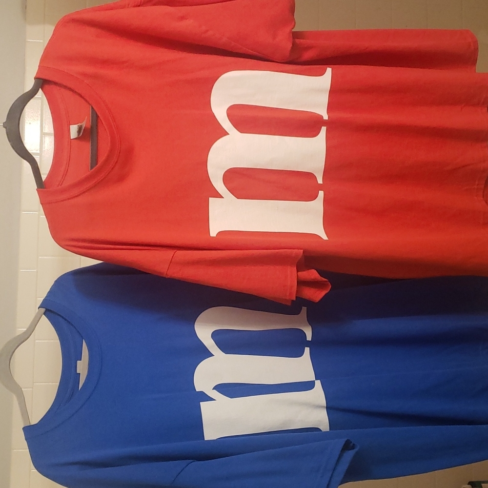 Pair of oversized M&M Tshirts/dresses worn as costumes